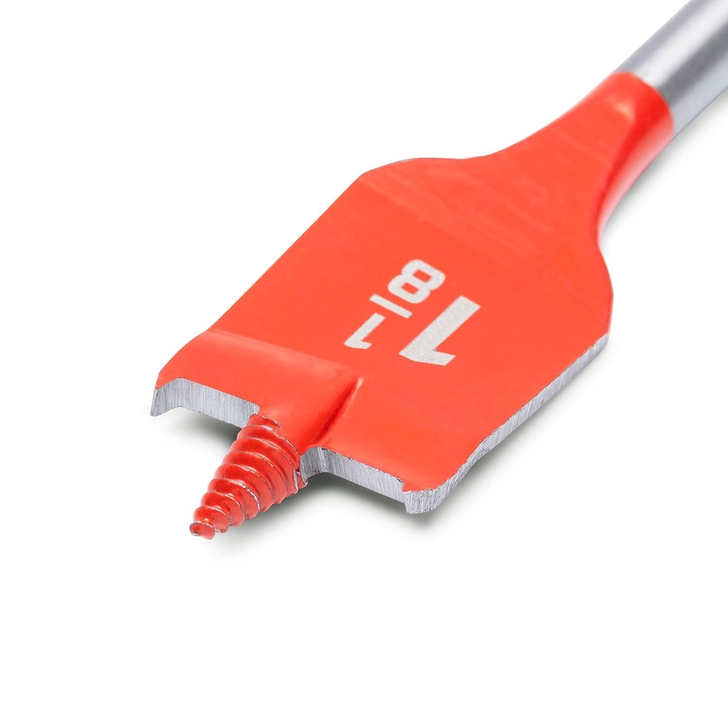 Extreme close-up of a single Crescent paddle bit head, highlighting the aggressive threaded screw point for self-feeding and the reinforced cutting spurs