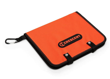 Exterior view of the closed, portable fabric storage pouch with the Crescent logo and carabiner clip