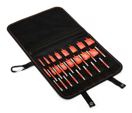 The black fabric storage pouch for the Crescent 16-piece paddle bit set laid open, displaying all the bits secured in their holders