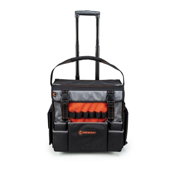 Crescent tool bag in black and gray with orange accents. Features top carry handle, external pockets, tool loops, and Crescent logo on front. Designed for organized tool storage and quick access.