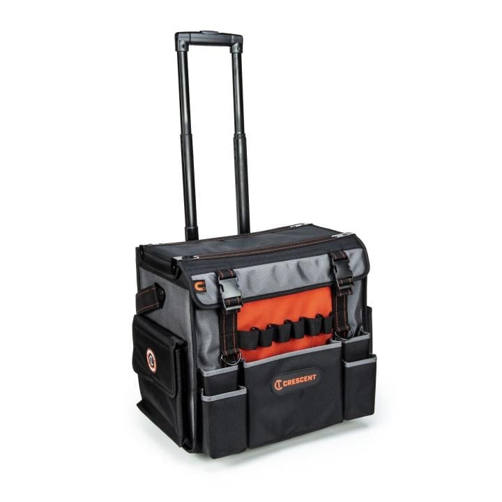Crescent rolling tool bag with black and gray body, orange accents, and telescoping handle. Includes vertical front slots for tools, central compartment, and external pockets. Crescent logo displayed prominently.