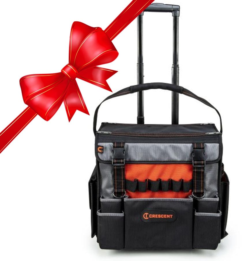Crescent rolling tool bag with black and gray body, orange accents, and telescoping handle. Includes vertical front slots for tools, central compartment, and external pockets. Crescent logo displayed prominently.