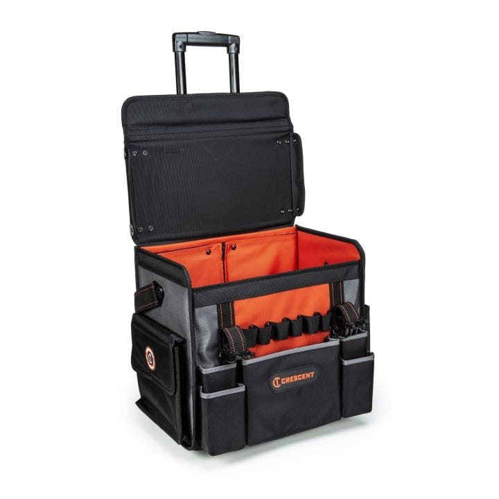 Crescent-branded rolling tool bag in black with orange accents. Features telescoping handle, multiple compartments, side and front pockets, and tool loops. Designed for durable, portable tool storage