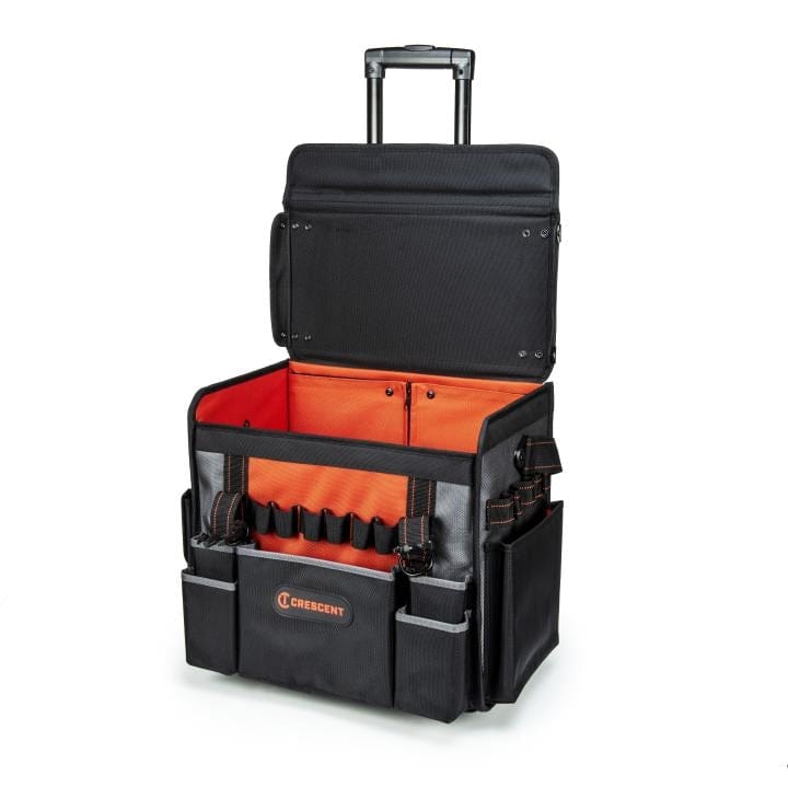 Black and orange Crescent rolling tool bag with open top and organized compartments. Includes retractable handle, external storage pockets, and bright orange interior lining for enhanced visibility.