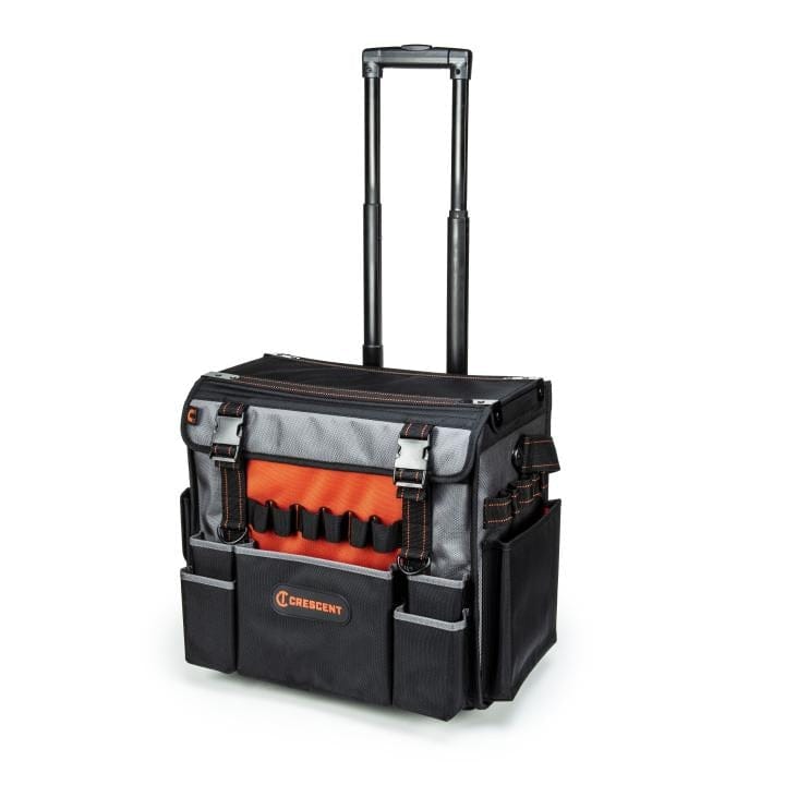 Open-top Crescent rolling tool bag with telescoping handle and bright orange interior. Features external pockets, vertical tool slots, and Crescent logo on front. Built for visibility and efficient tool transport