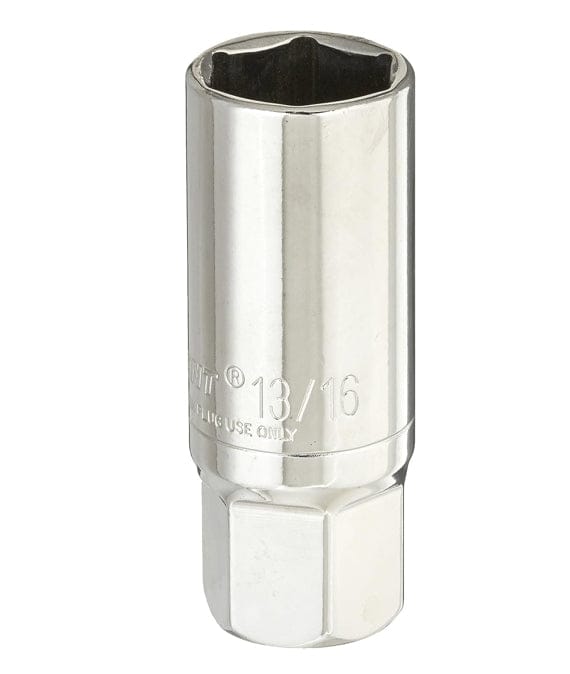 The image shows a shiny silver Crescent spark plug socket. The socket has a hexagonal opening at the top and the size "13/16" etched on its side.