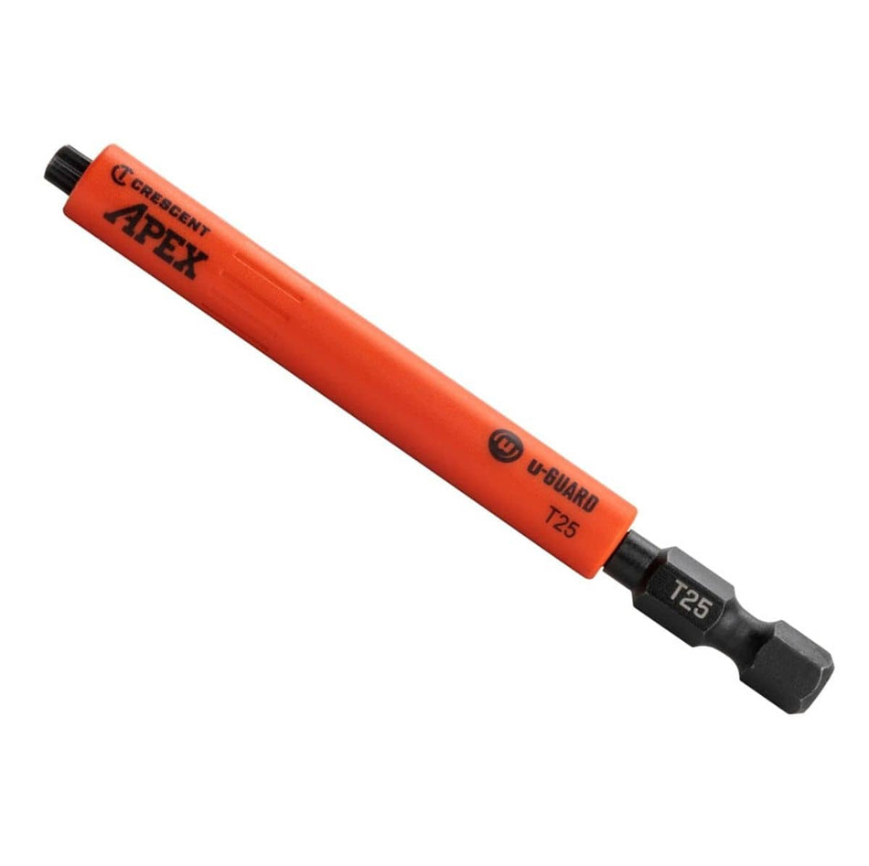 A perspective view of the Crescent 3-1/2 inch T25 Torx impact driver bit featuring a specialized orange u-GUARD non-marring protective sleeve and high-strength S2 steel construction for professional fastening applications.