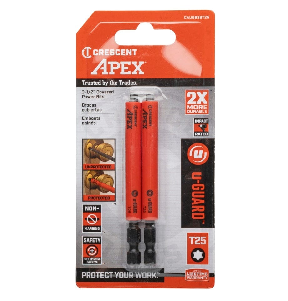 The two-pack retail carded packaging for the Crescent CAUGB3BT25 3-1/2 inch T25 Torx power bits, showcasing the u-GUARD non-marring technology and 2X more durable impact-rated design.