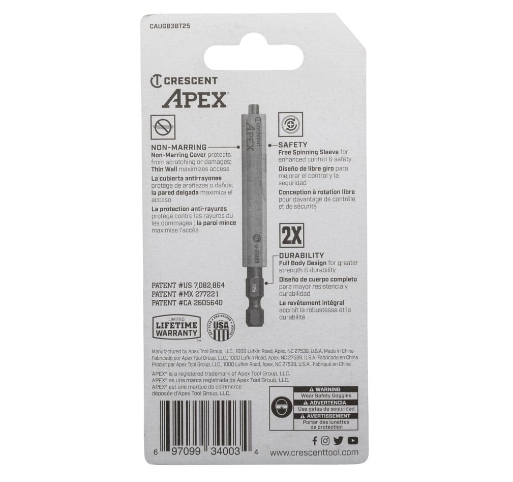 The back of the Crescent CAUGB3BT25 retail package detailing technical features such as the non-marring cover for scratch protection, a free-spinning safety sleeve, and a full-body bit design for 2X greater life.