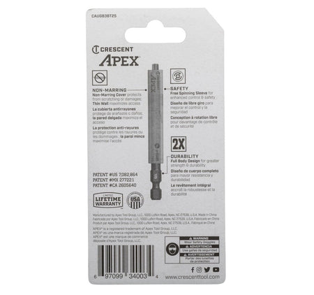 The back of the Crescent CAUGB3BT25 retail package detailing technical features such as the non-marring cover for scratch protection, a free-spinning safety sleeve, and a full-body bit design for 2X greater life.