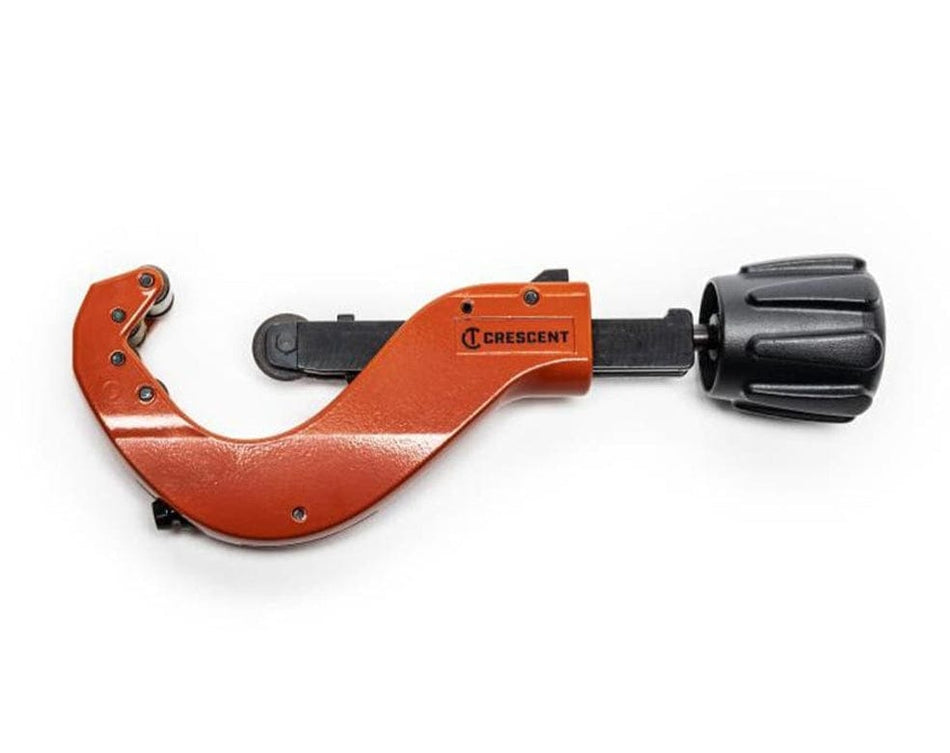 Side profile view of the Crescent CMPC218 2-1/8 inch metal pipe cutter, showing its orange C-shaped body, rollers, and black adjustment knob.