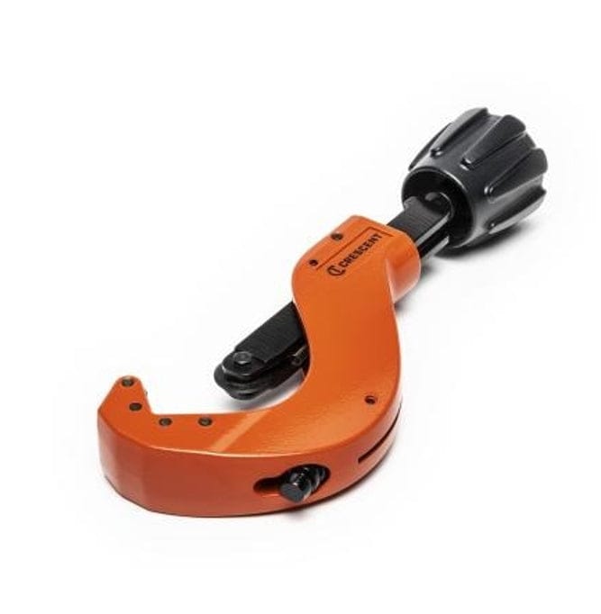 Three-quarter view of the Crescent CMPC218 metal pipe cutter, highlighting the built-in pipe reamer on the side of the orange body.