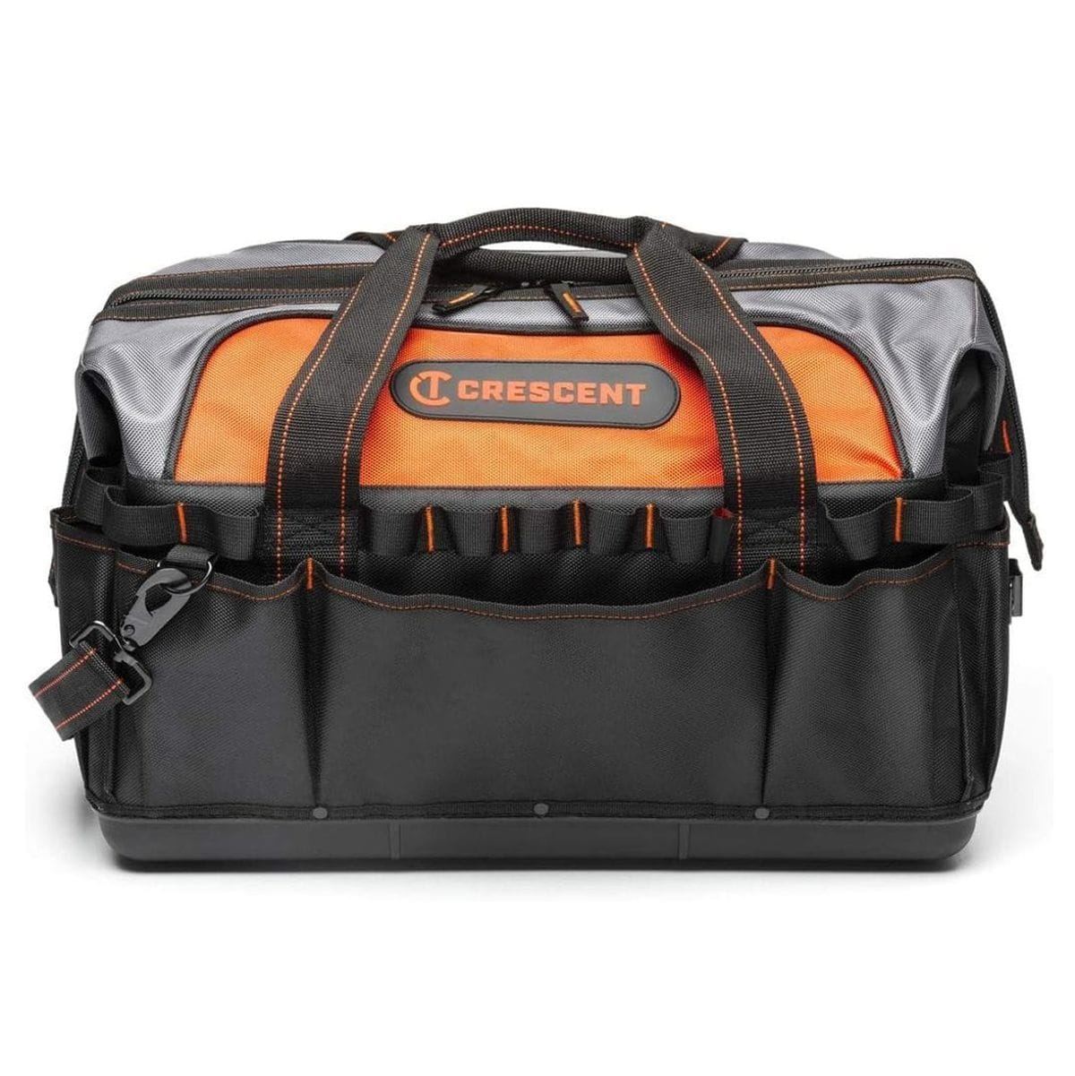 A straightforward, eye-level studio shot of the closed Crescent 20-inch contractor tool bag, highlighting the hard polypropylene base, the black and orange color scheme, and the front exterior pockets.