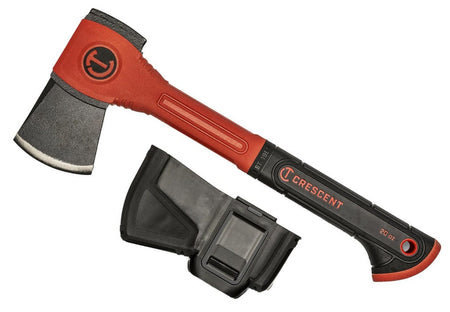 Studio view of the Crescent 20 oz camper's hatchet with a red and black fiberglass handle, shown alongside its black hard plastic blade sheath against a white background.