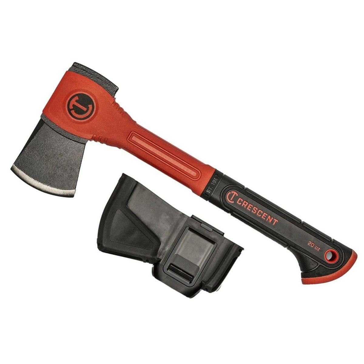 Studio view of the Crescent 20 oz camper's hatchet with a red and black fiberglass handle, shown alongside its black hard plastic blade sheath against a white background.