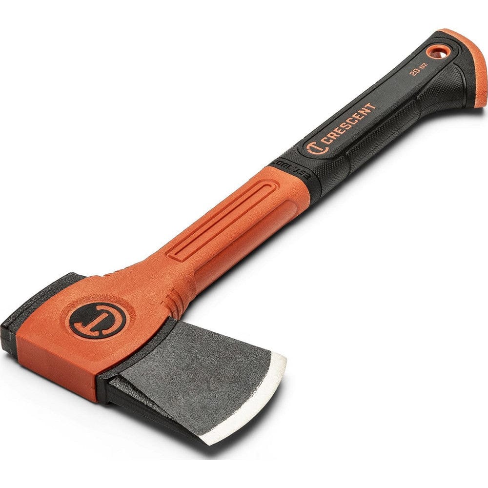 Angled studio view of the full hatchet showing the forged steel head with the Crescent logo, the red vibration-absorbing neck, and the black textured grip handle.