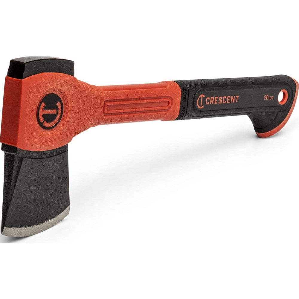 Rear perspective view of the hatchet highlighting the flat striking face on the back of the head, suitable for hammering, and the durable fiberglass handle construction.