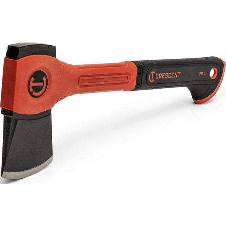 Rear perspective view of the hatchet highlighting the flat striking face on the back of the head, suitable for hammering, and the durable fiberglass handle construction.
