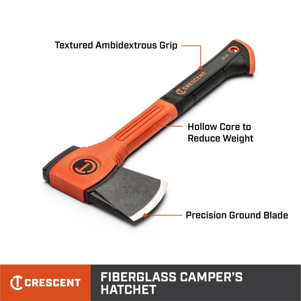 Infographic of the Crescent fiberglass camper's hatchet identifying three key features: Textured Ambidextrous Grip, Hollow Core to Reduce Weight, and Precision Ground Blade.