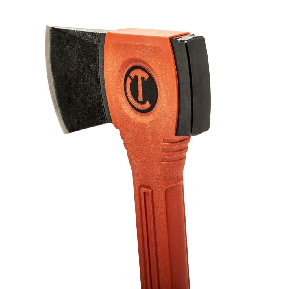 Close-up detail of the hatchet head showing the black forged steel blade, the embossed Crescent logo, and the over-molded red fiberglass neck designed to prevent head separation.