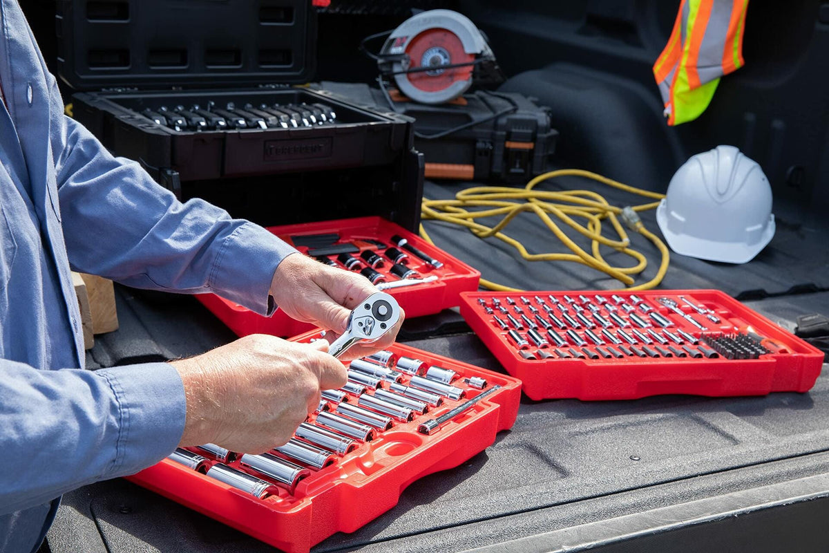 Crescent 229 Piece 1/4, 3/8 & 1/2 Drive Mechanics Hand Tool Set with 3 Drawer Storage Case in use outdoors