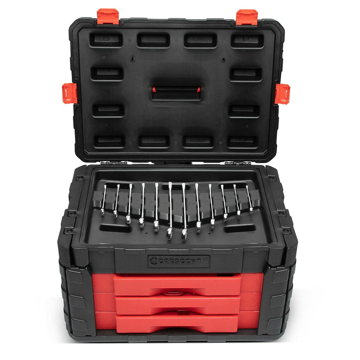 Crescent 229 Piece 1/4", 3/8" & 1/2" Drive Mechanics Hand Tool Set with 3 Drawer Storage Case open showing tools