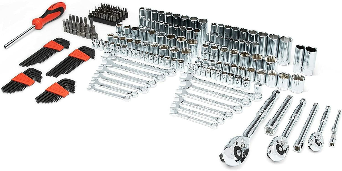 Crescent 229 Piece 1/4, 3/8 & 1/2 Drive Mechanics Hand Tool Set with 3 Drawer Storage Case - CTK229C displayed fully assembled.