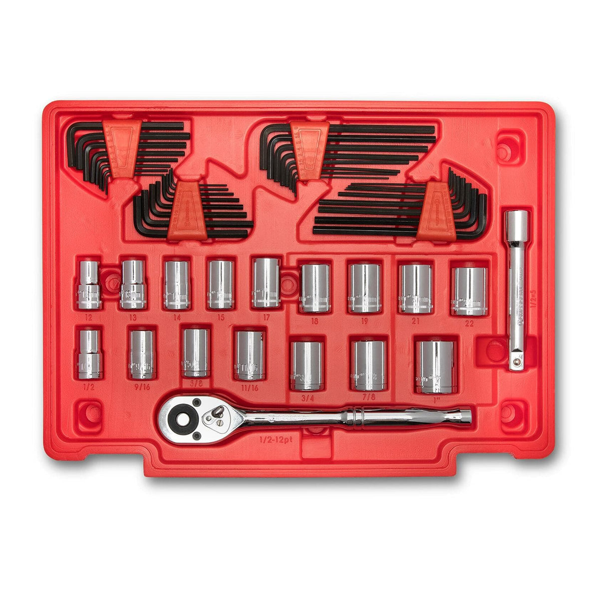 Crescent 229 Piece 1/4", 3/8" & 1/2" Drive Mechanics Hand Tool Set with 3 Drawer Storage Case CTK229C shown in red case.