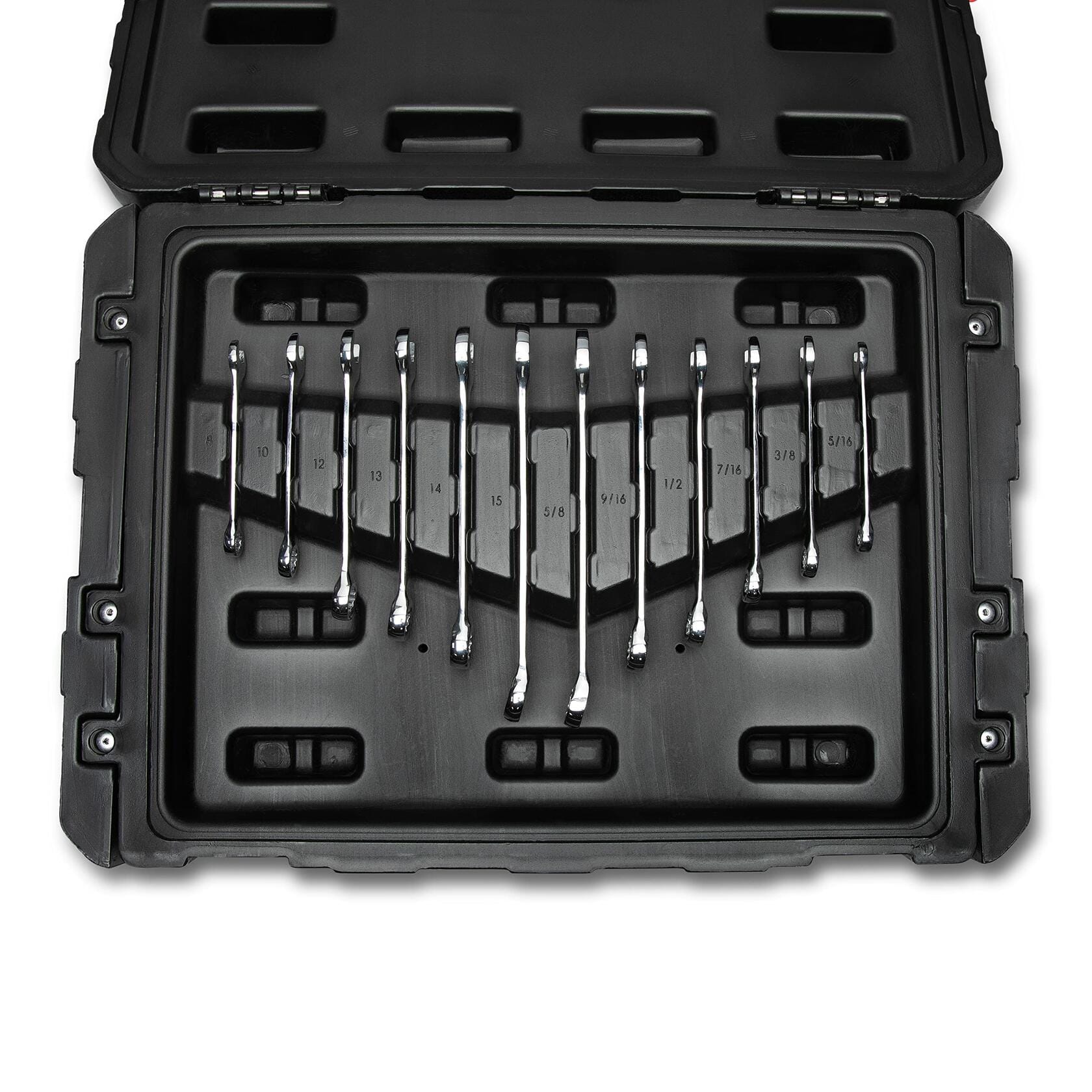 Crescent 229 Piece 1/4, 3/8 & 1/2 Drive Mechanics Hand Tool Set with 3 Drawer Storage Case open showing wrenches.