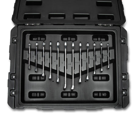 Crescent 229 Piece 1/4, 3/8 & 1/2 Drive Mechanics Hand Tool Set with 3 Drawer Storage Case open showing wrenches.