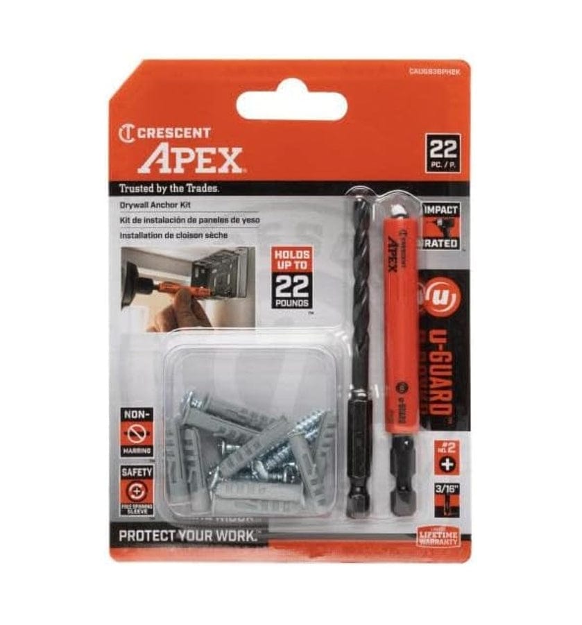 Retail packaging for the Crescent APEX 22-piece drywall anchor kit highlighting the 22-lb load capacity, the u-GUARD non-marring protection, and its suitability for impact-rated professional tools.