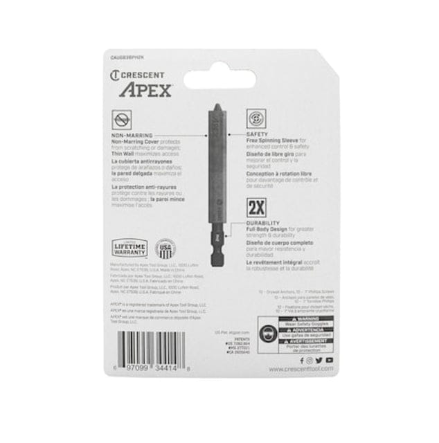 The back of the Crescent APEX retail package detailing the technical benefits of the u-GUARD series, including non-marring protection, a free-spinning safety sleeve, and a durable full-body bit design.