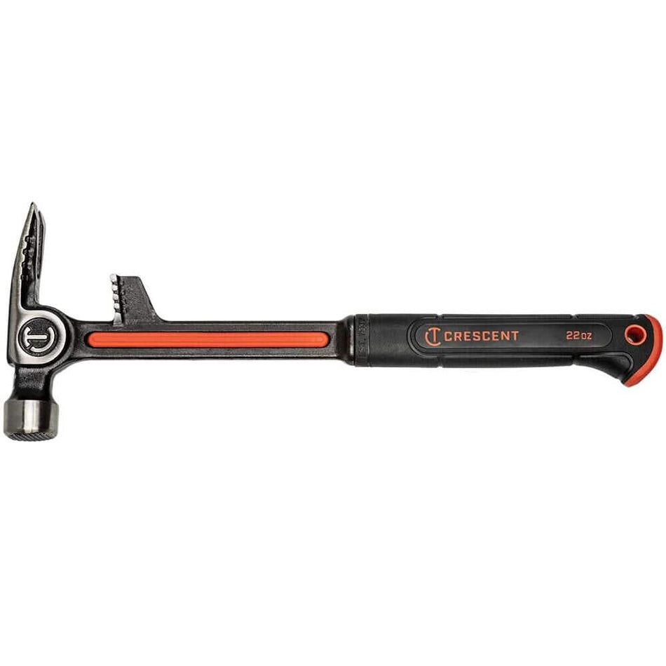 A full side view of the Crescent CHSDEM22 22oz steel demo hammer featuring a black forged steel head with a board bender, a ripping claw, and a vibration-reducing ergonomic handle.