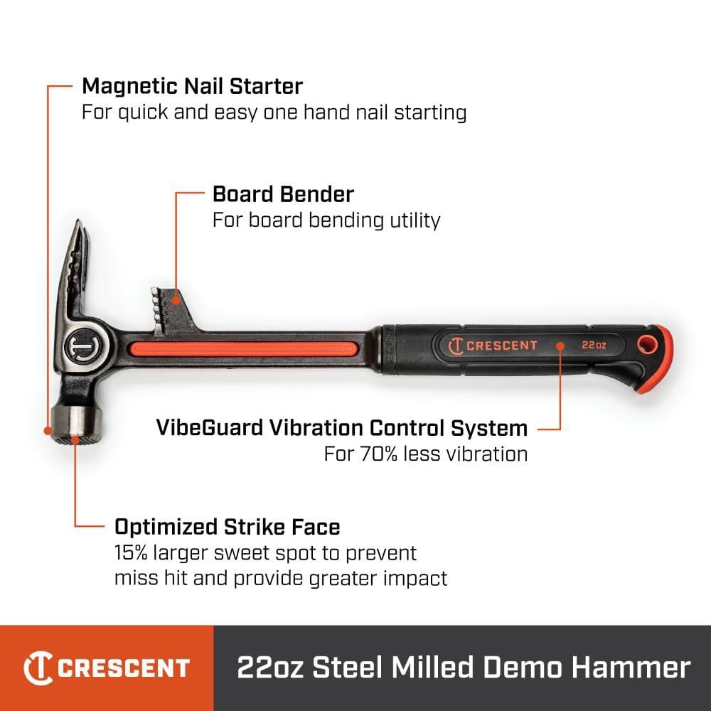 An infographic of the Crescent 22oz steel milled demo hammer highlighting technical features including the magnetic nail starter, board bender utility, VibeGuard vibration control system, and optimized strike face.