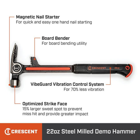 An infographic of the Crescent 22oz steel milled demo hammer highlighting technical features including the magnetic nail starter, board bender utility, VibeGuard vibration control system, and optimized strike face.
