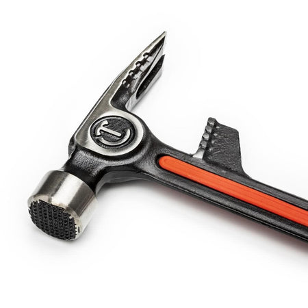 Detailed view of the checkered strike face on the Crescent CHSDEM22 hammer head, designed with a larger sweet spot to prevent miss-hits and provide maximum impact force.