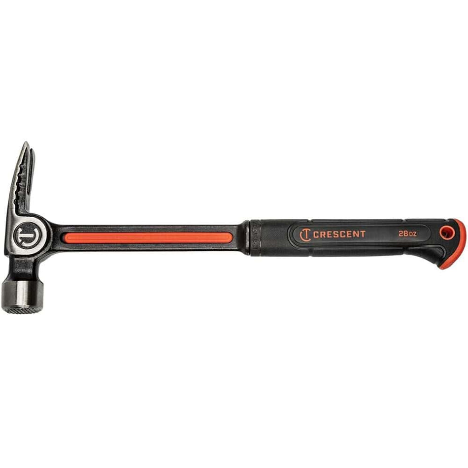 A full side profile of the Crescent CHSFRM28 28oz steel milled face framing hammer, showcasing the forged alloy steel head, ripping claw, and the black ergonomic handle with red Vibeguard vibration reduction accents.