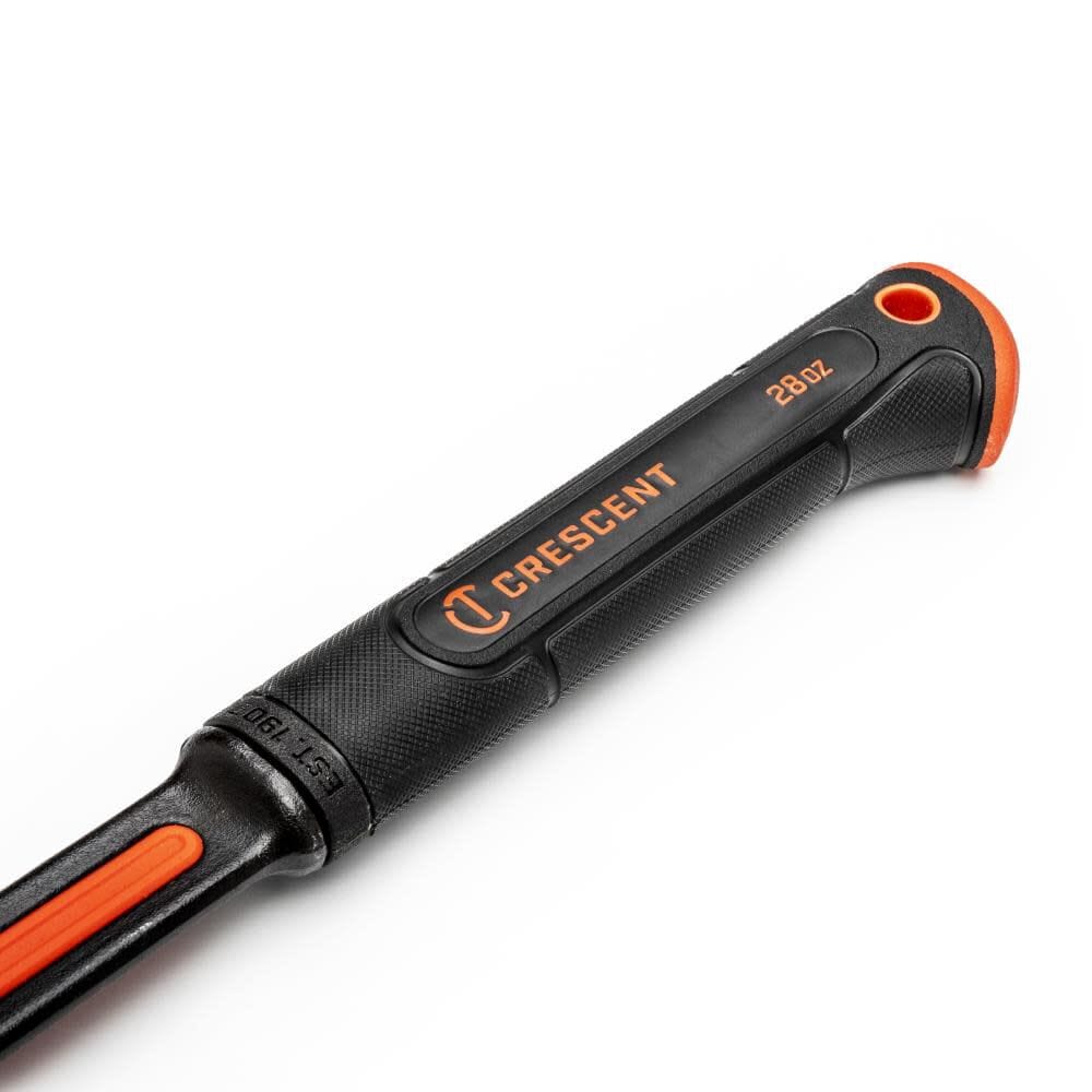 A detailed shot of the Crescent ergonomic fawn's foot grip handle, illustrating the proprietary vibration-absorbing materials and the 28oz head weight branding.