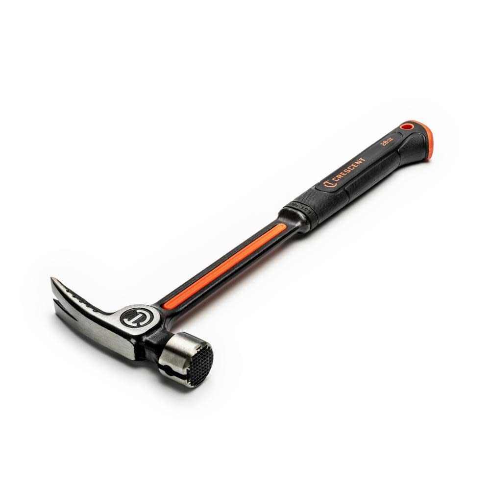 An isometric perspective of the Crescent CHSFRM28 steel milled face framing hammer against a white background, highlighting its professional-grade construction and precise weight distribution.