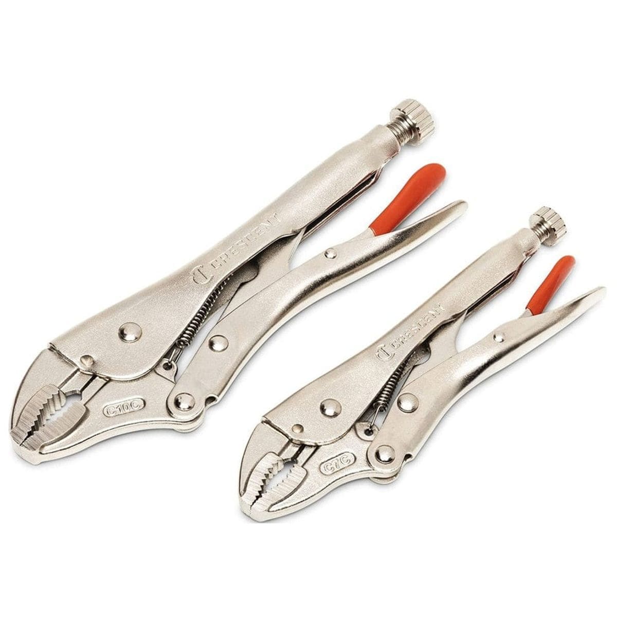 Studio view of the Crescent 2-piece curved jaw locking pliers set, showing both the 7-inch and 10-inch tools with red release levers against a white background.
