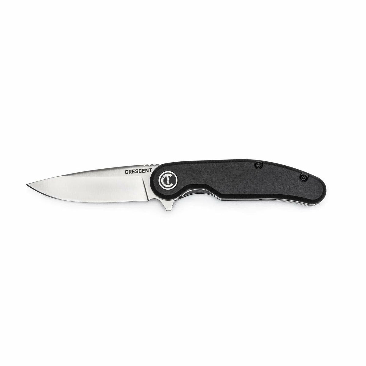 A studio shot of the Crescent CPK325C pocket knife in the open position, showing its drop point blade and black composite handle.