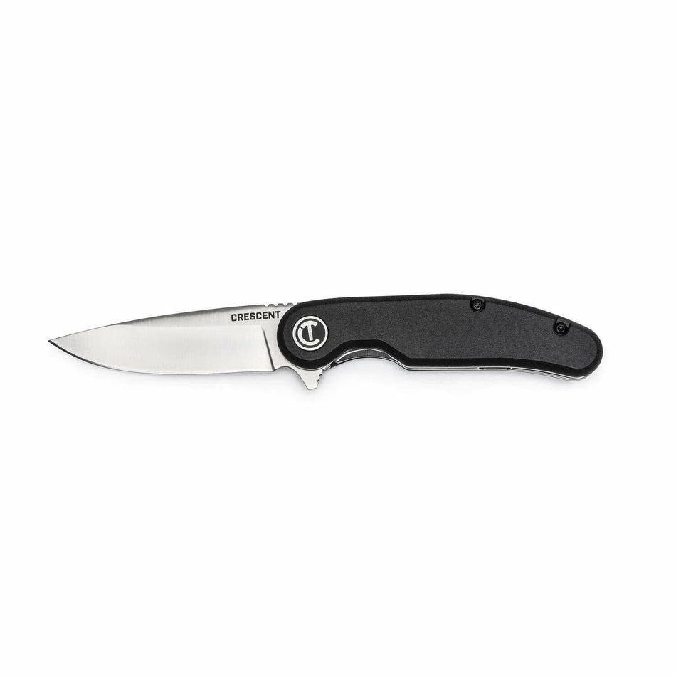 A studio shot of the Crescent CPK325C pocket knife in the open position, showing its drop point blade and black composite handle.