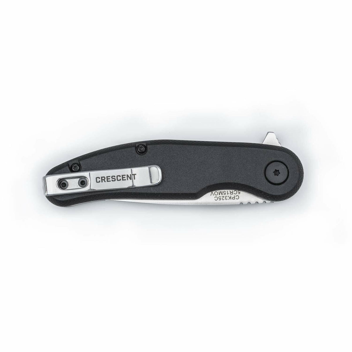 A studio shot of the Crescent CPK325C pocket knife in the closed position, showing the pocket clip and flipper tab.