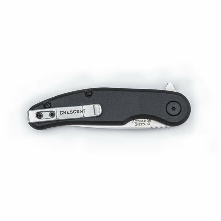 A studio shot of the Crescent CPK325C pocket knife in the closed position, showing the pocket clip and flipper tab.