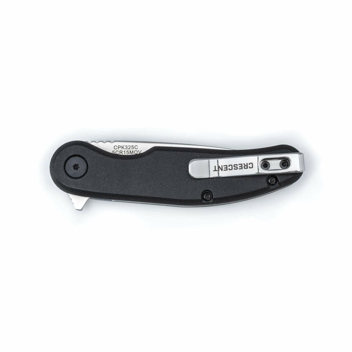 A studio shot of the Crescent CPK325C pocket knife in the closed position, showing the pocket clip side and the exposed blade info.