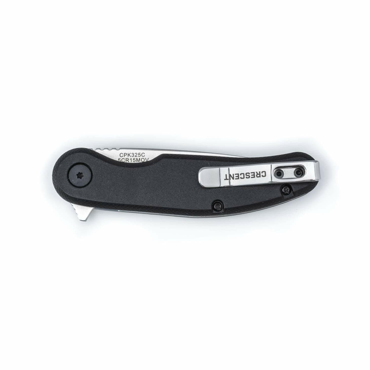 A studio shot of the Crescent CPK325C pocket knife in the closed position, showing the pocket clip side and the exposed blade info.
