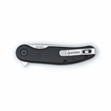 A studio shot of the Crescent CPK325C pocket knife in the closed position, showing the pocket clip side and the exposed blade info.