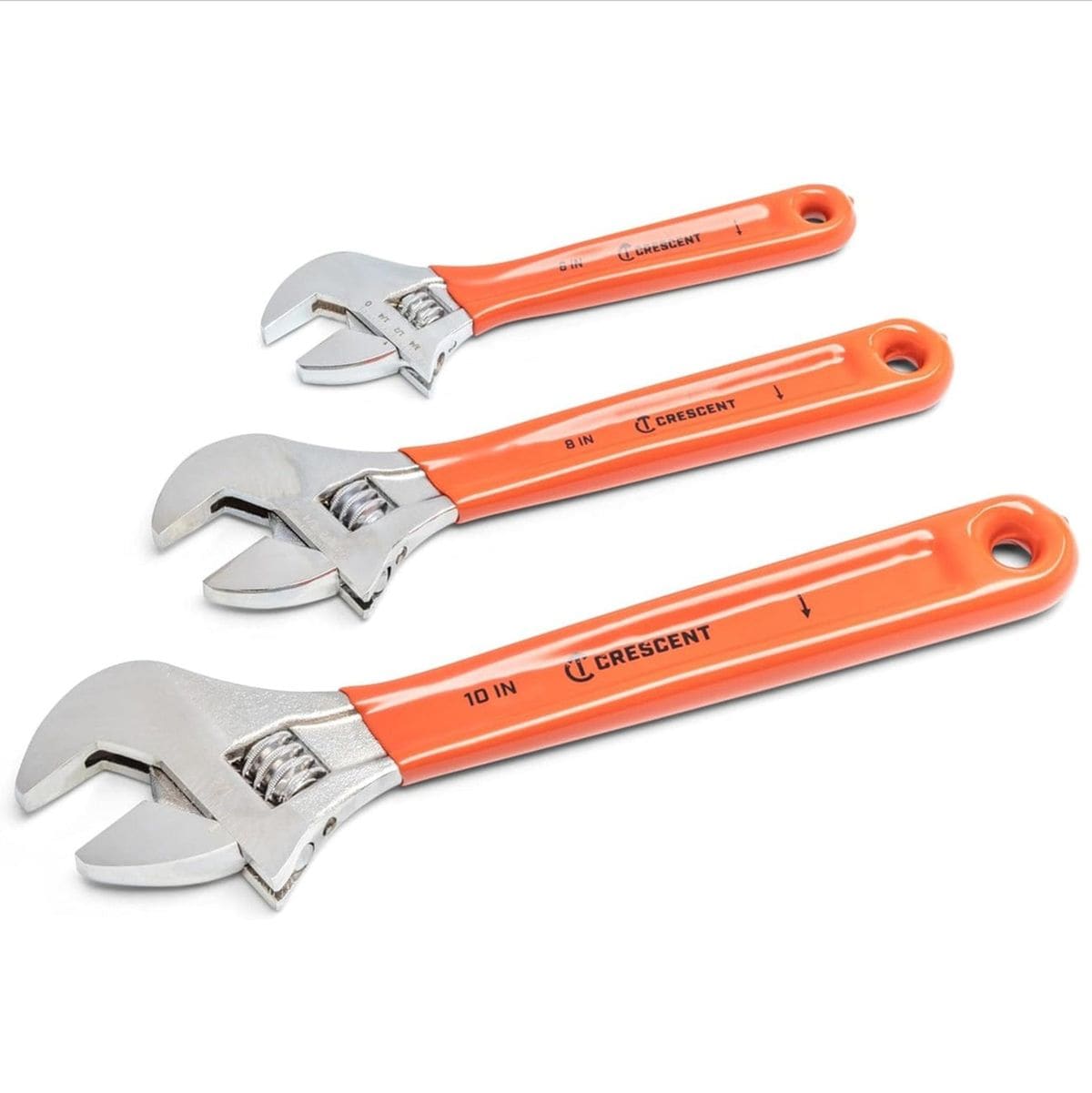 A clean studio shot of the three Crescent adjustable wrenches (10-inch, 8-inch, and 6-inch) with their orange cushion grip handles laid out diagonally on a white background.