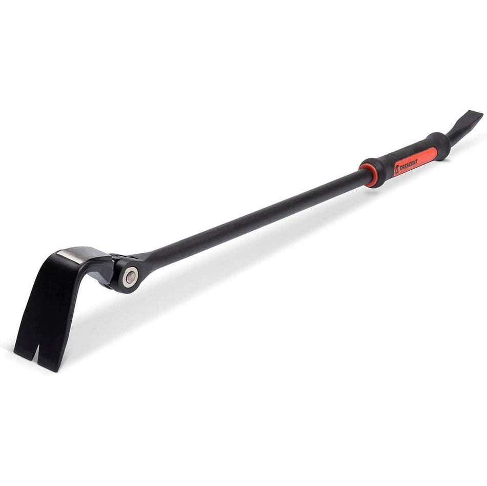 Close-up perspective of the Crescent 30-inch indexing pry bar focusing on the heavy-duty swivel joint and the polished hammer striking surface on the back of the head.