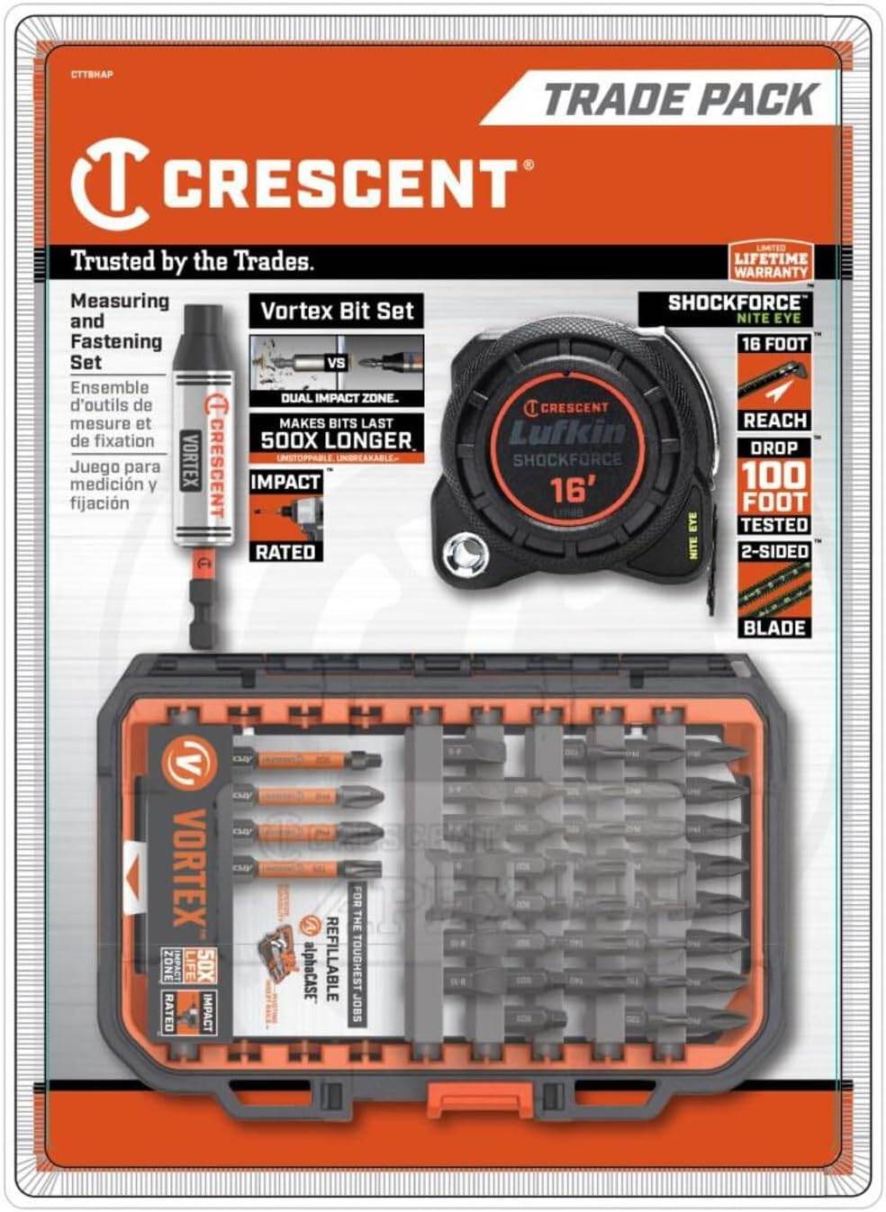 Retail packaging for the Crescent CTTBHAP 41-piece Vortex drill bit and 16-foot Shockforce Nite Eye tape measure pro kit.